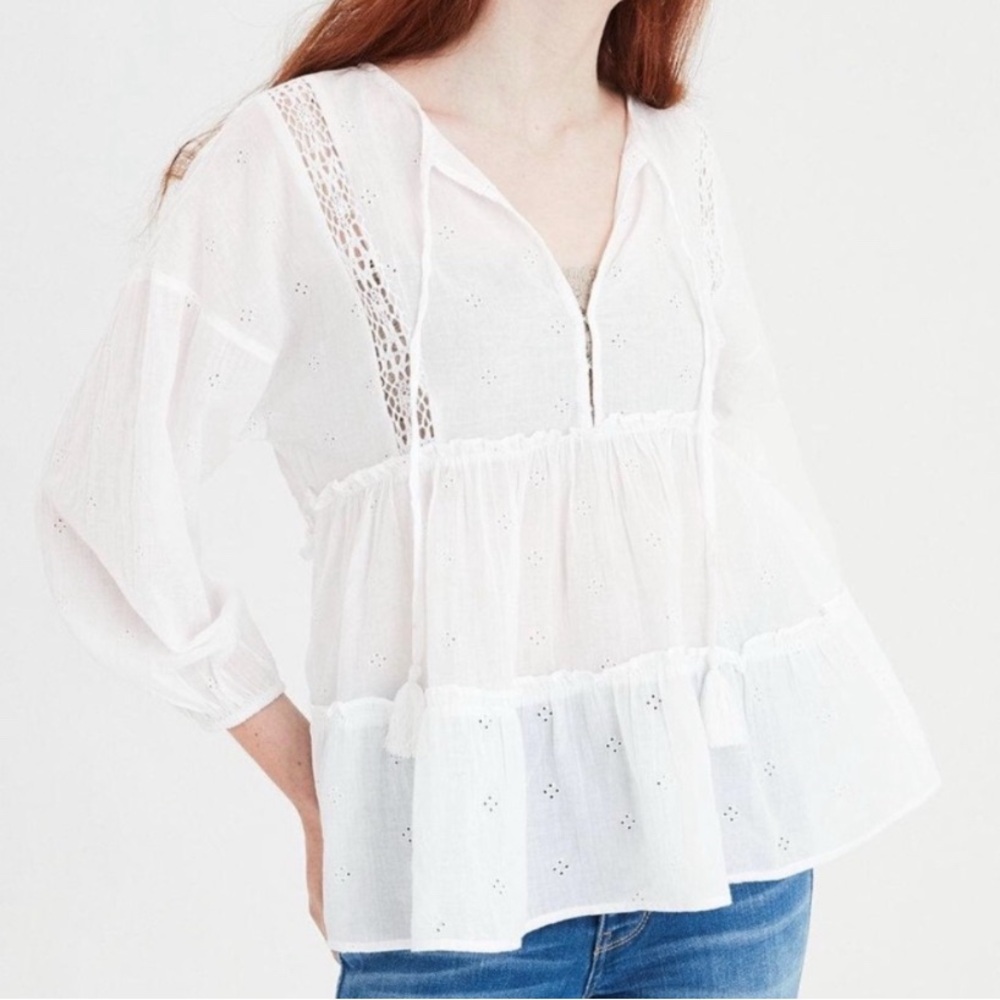 American Eagle White Boho Tiered Peasant Blouse with eyelet and crochet details
